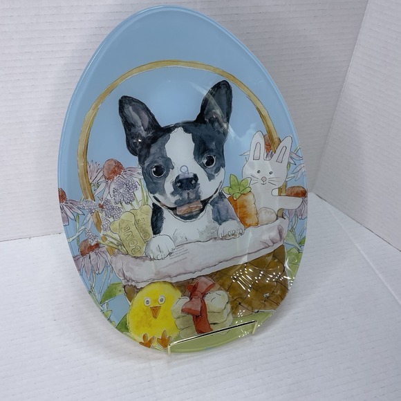 Boston Terrier French Bulldog Glass Serving Plate Prima Designs Easter Egg Shape - Picture 1 of 8